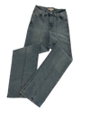 A pair of blue jeans with a straight fit, wide leg, and piping seam feature.
