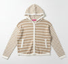 Brown and white striped hoodie hanging on a black rack against a white wall.
