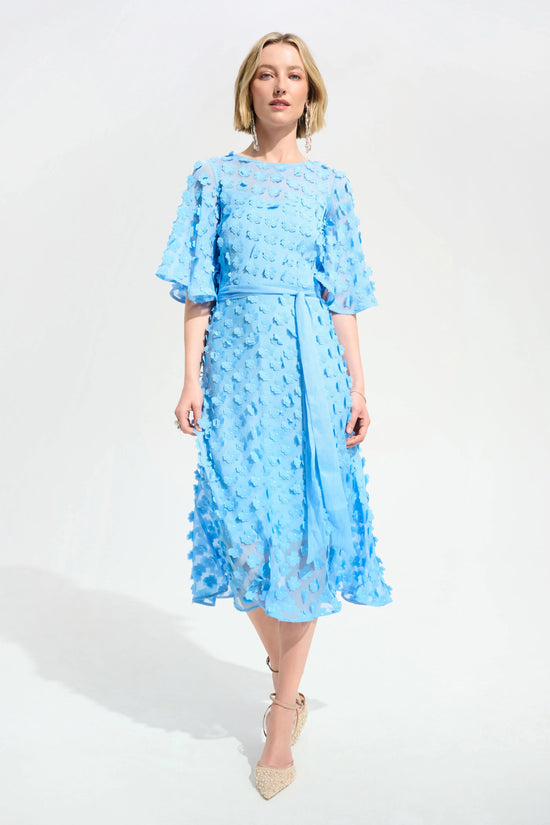 3D Embroidered Fit and Flare Dress With Sash