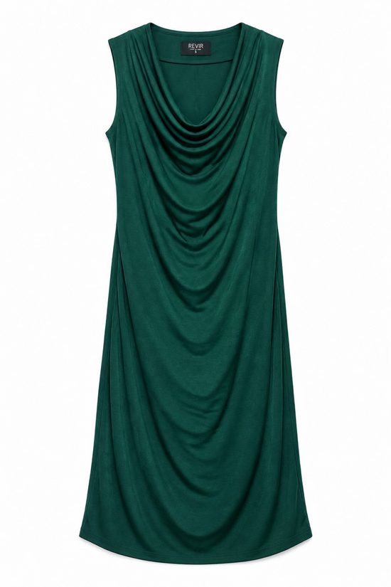 This image displays the Anara Dress, a stylish and elegant green dress that features a fitted waist and a flowing, asymmetrical skirt. The dress is designed with a high neckline and sleeveless design, adding to its modern and sophisticated appeal.