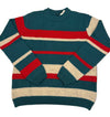 Striped sweater with blue, red, and beige colors on a white background