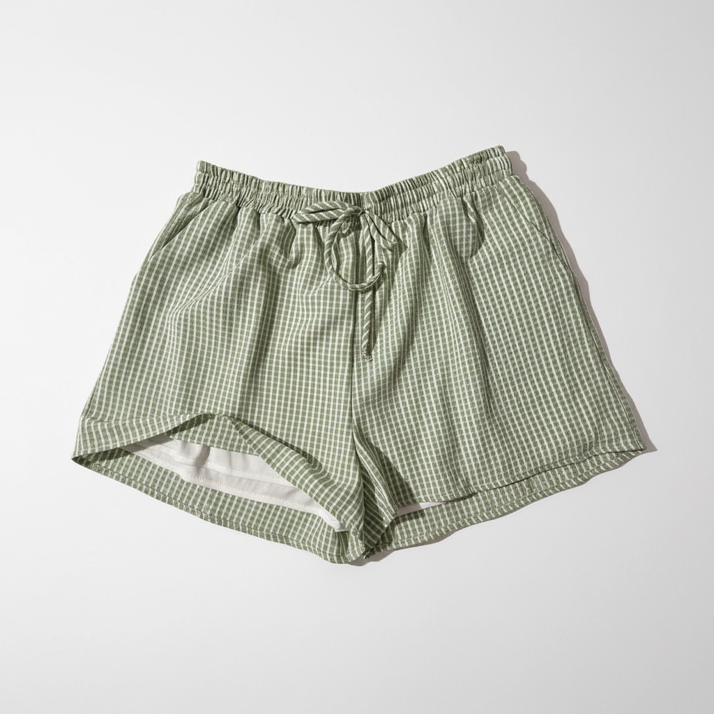 Green checkered shorts on a white surface with a blurred background