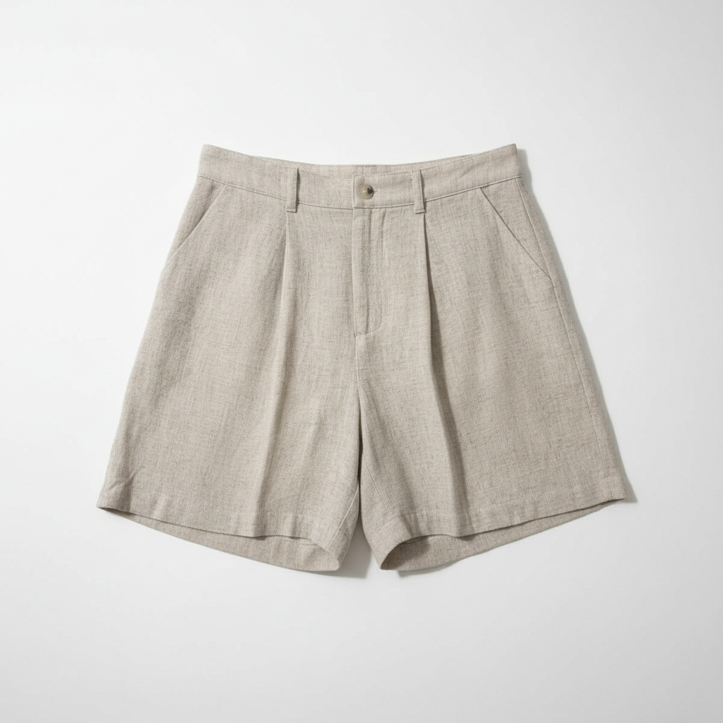 Pair of beige shorts on a white background