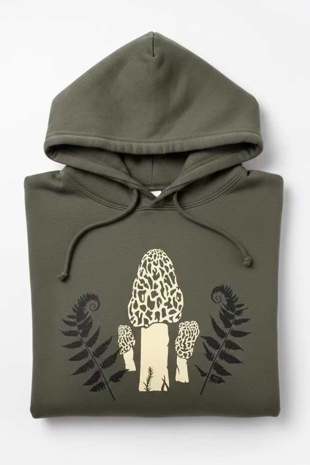 An olive green hoodie with a printed graphic of three beige morel mushrooms and black ferns on the front, laid flat.