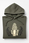 An olive green hoodie with a printed graphic of three beige morel mushrooms and black ferns on the front, laid flat.