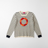 Striped sweater with a circular design on a hanger against a white wall.