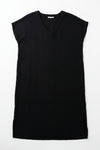 Black sleeveless dress on a hanger with a white background