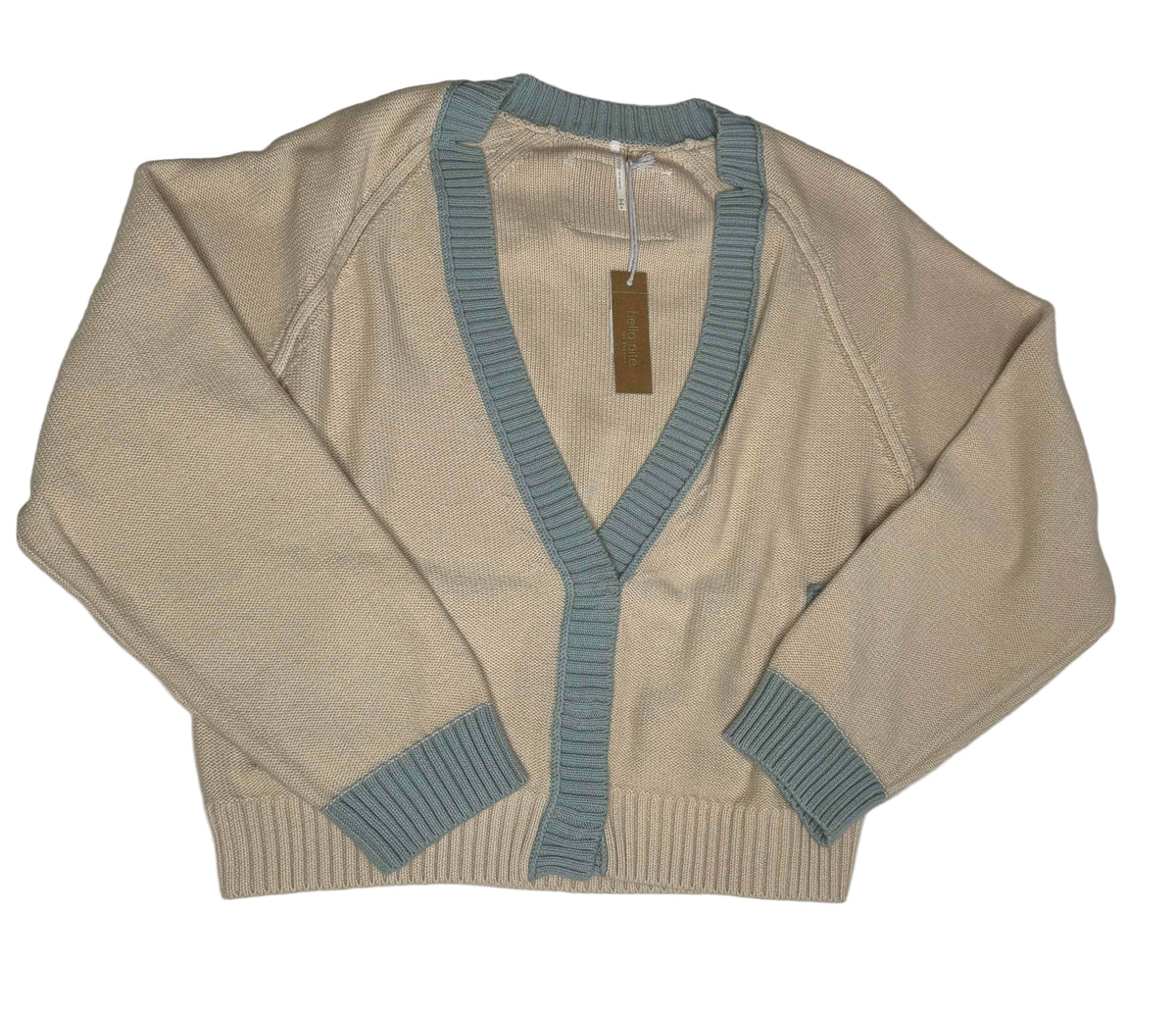Beige sweater with blue trim on a white background