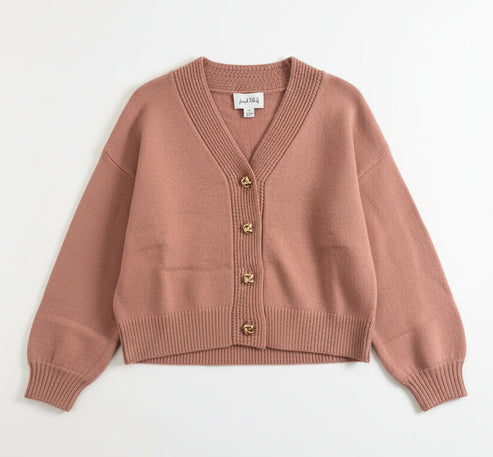 Rose cardigan on a hanger against a light background