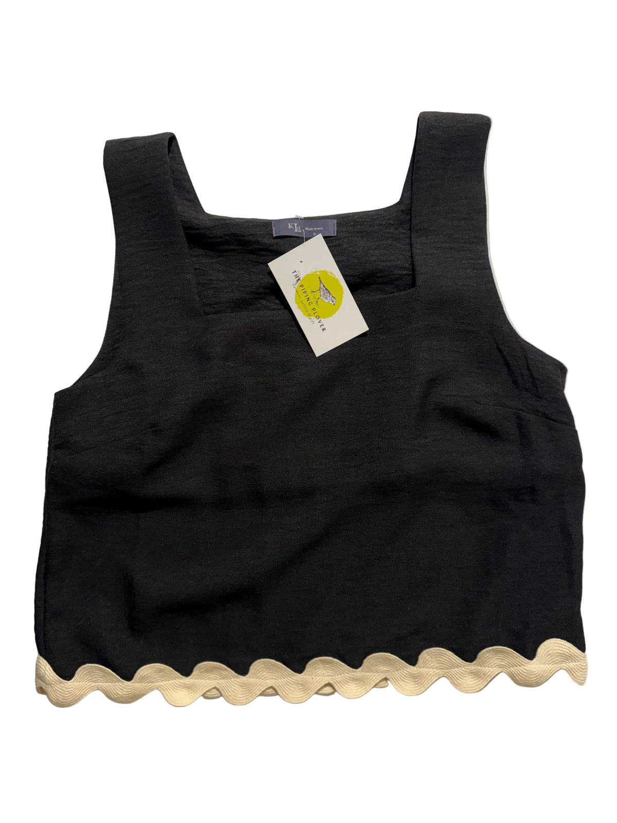 Black tank top with scalloped hem on a white background